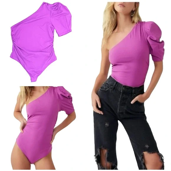 Free People One Shoulder Puff Sleeve L Bodysuit Magenta Ruched Side Stretchy - Picture 2 of 8